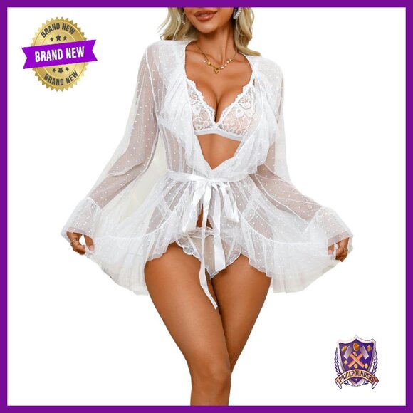 Sheer Babydoll Robe Set with Lace Bra & Panty 3-Piece Lingerie